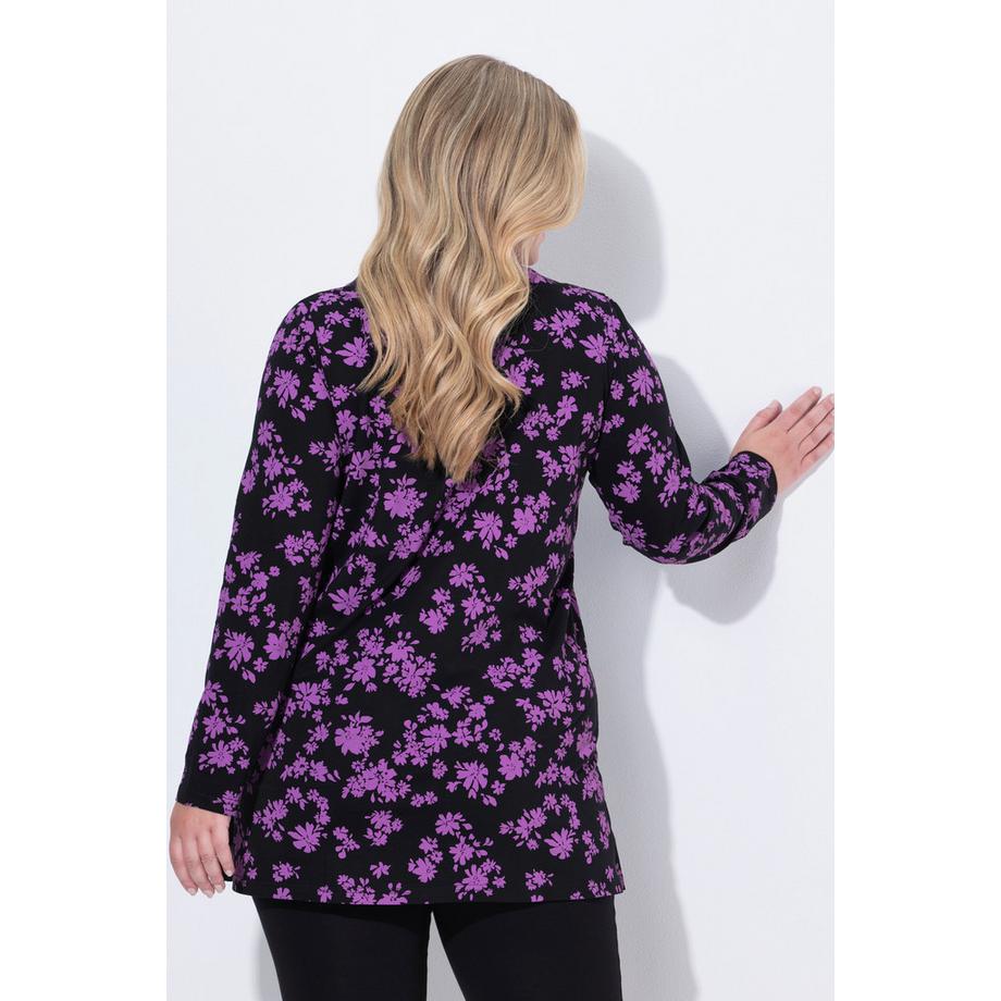 Ulla Popken Fleurs A-Line Col V Manches Longues T-shirt Long  