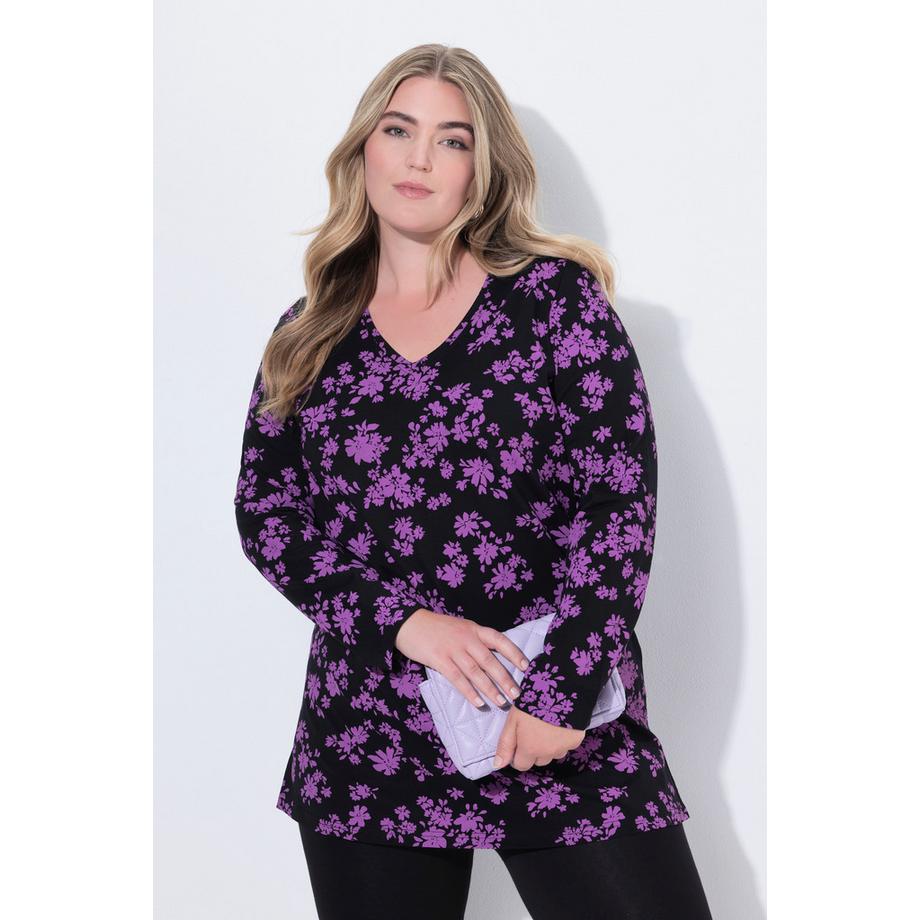Ulla Popken Fleurs A-Line Col V Manches Longues T-shirt Long  