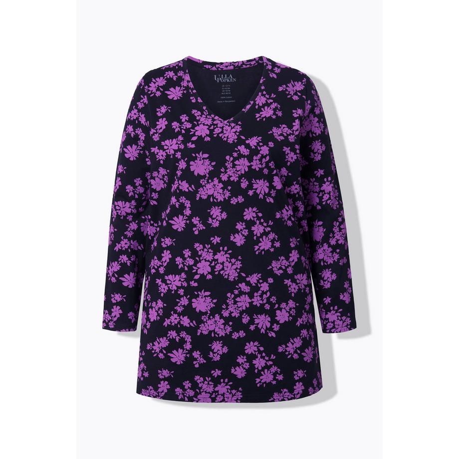 Ulla Popken Fleurs A-Line Col V Manches Longues T-shirt Long  