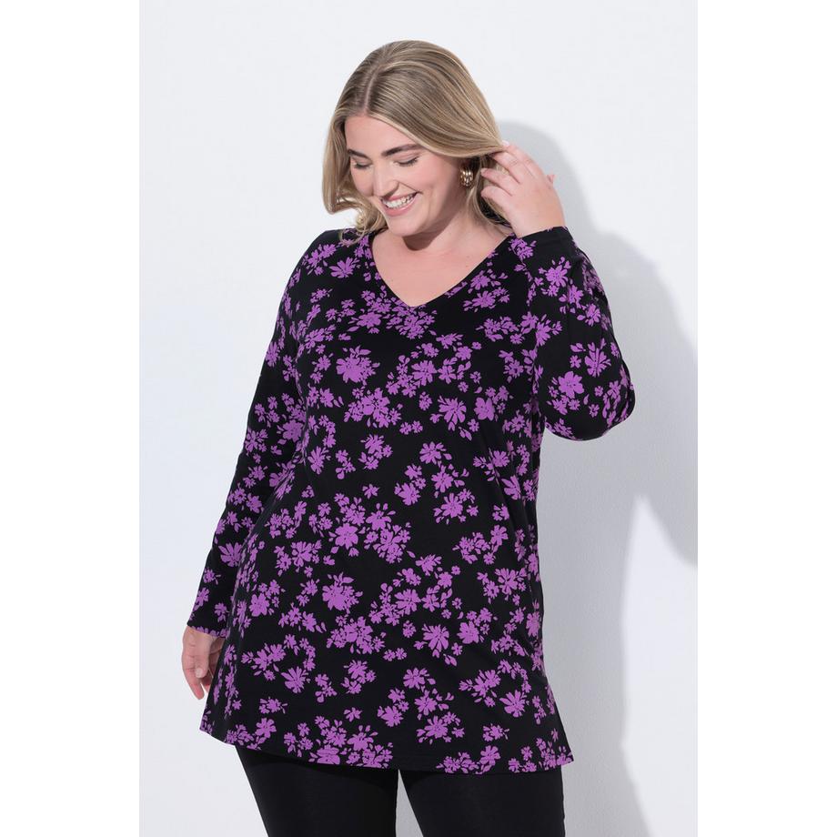 Ulla Popken Fleurs A-Line Col V Manches Longues T-shirt Long  