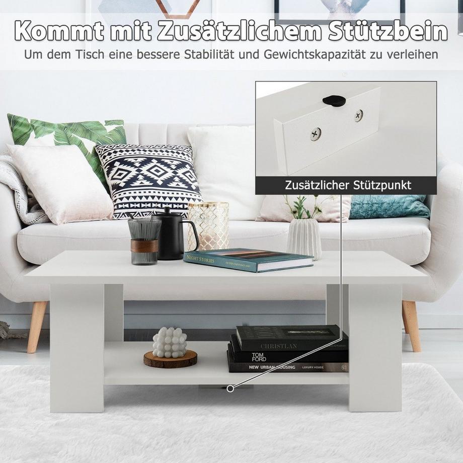 Northix 2 Ebenen Couchtisch aus Holz Beistelltisch bis zu 125kg Belastbar 90 x 52 x 32 cm Weiß  
