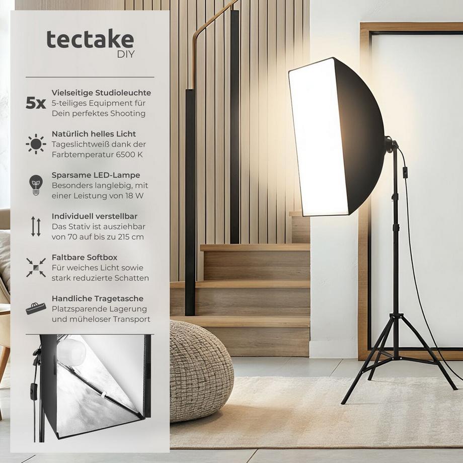 Tectake  Studioleuchte  mit Softbox und ausziehbarem Stativ LED Leuchtmittel E27 18W 