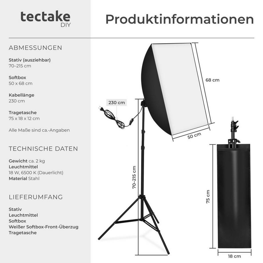 Tectake  Studioleuchte  mit Softbox und ausziehbarem Stativ LED Leuchtmittel E27 18W 
