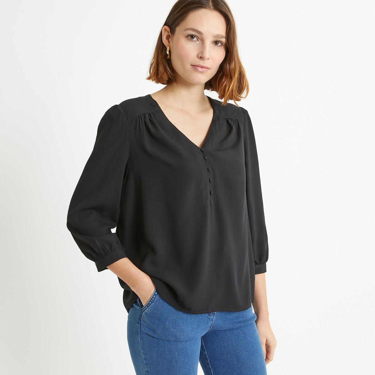 Image of Bluse Mit V-ausschnitt Und 3/4-ärmeln Damen Schwarz 44