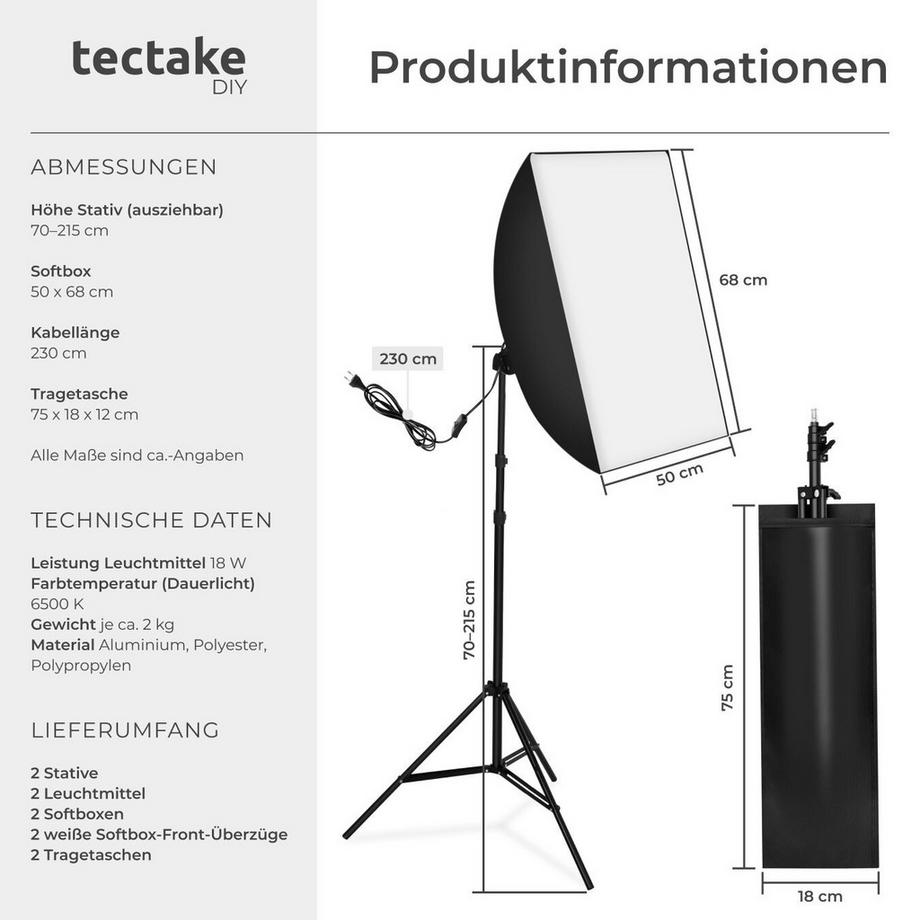 Tectake  2er-Set Studioleuchte  mit Softbox und ausziehbarem Stativ LED Leuchtmittel E27 18W 