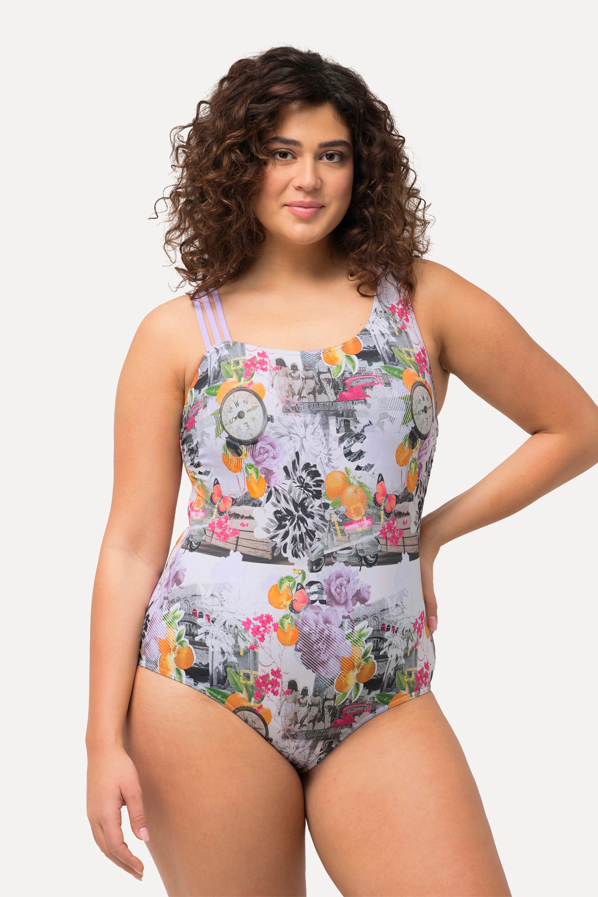 Ulla Popken  Maillot de bain avec bonnets souples, imprimé boussoles et triple bretelle 