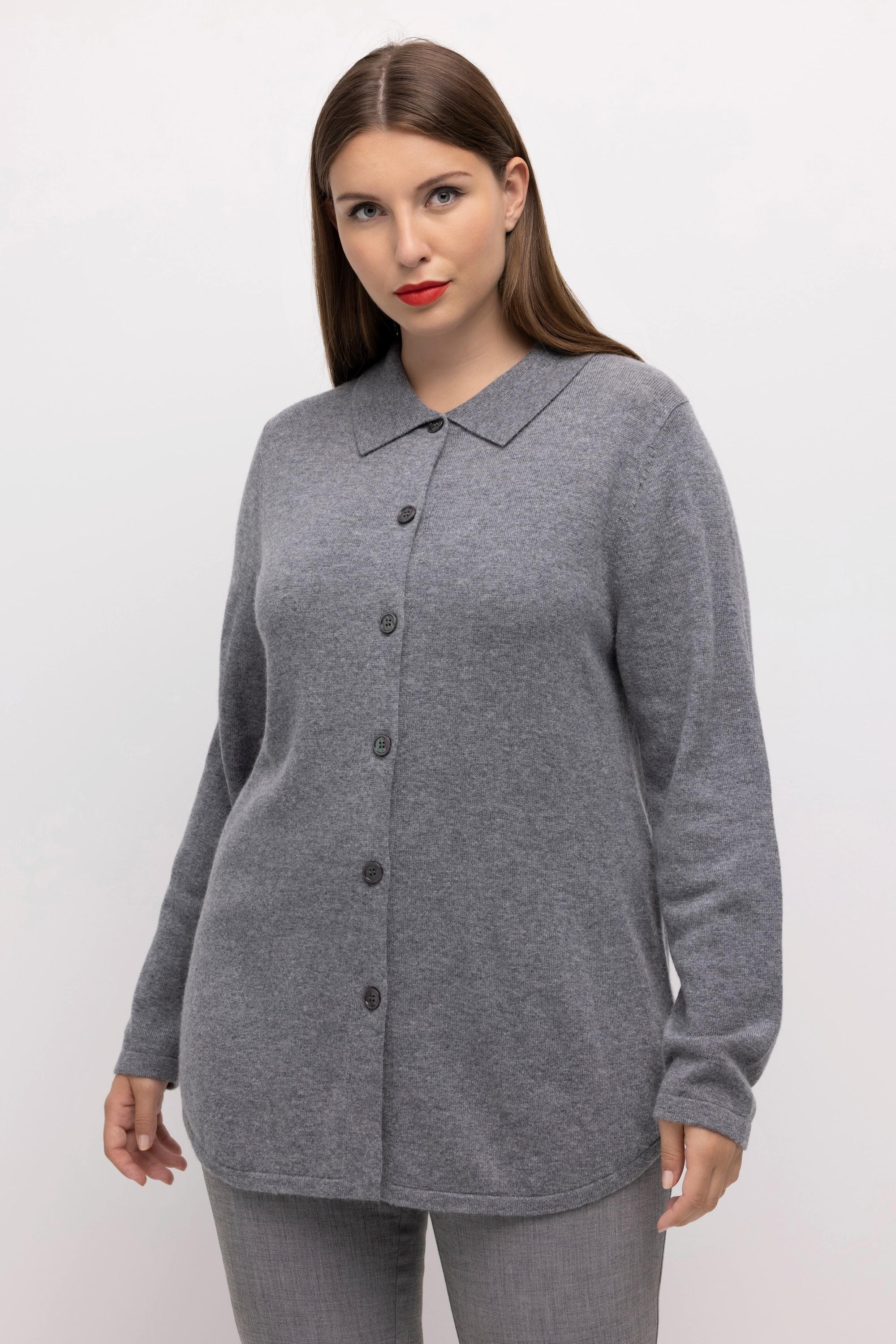 Ulla Popken  Pull, en laine mélangée raffinée, col de chemise, manches longues 