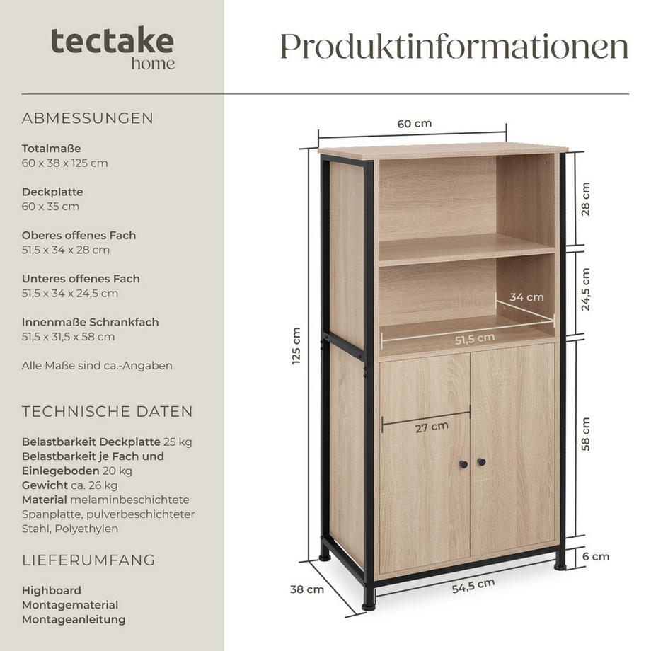 Tectake Highboard Doncaster Industrial Style Holz und Stahl  