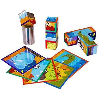 Activity-board  Puzzle en bois avec gros cubes pour les tout-petits - 9 cubes avec 6 animaux sauvages dans un coffre en bois 