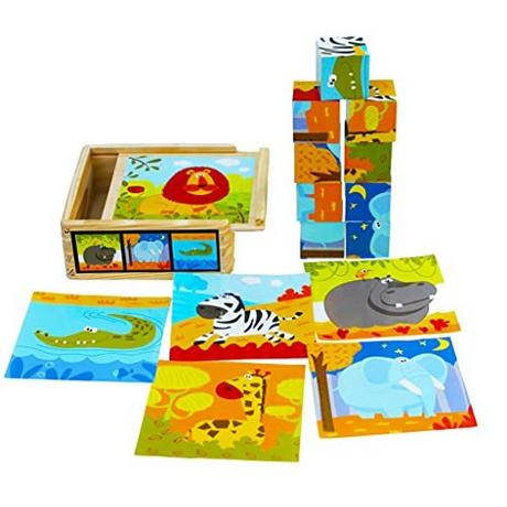 Activity-board  Puzzle en bois avec gros cubes pour les tout-petits - 9 cubes avec 6 animaux sauvages dans un coffre en bois 