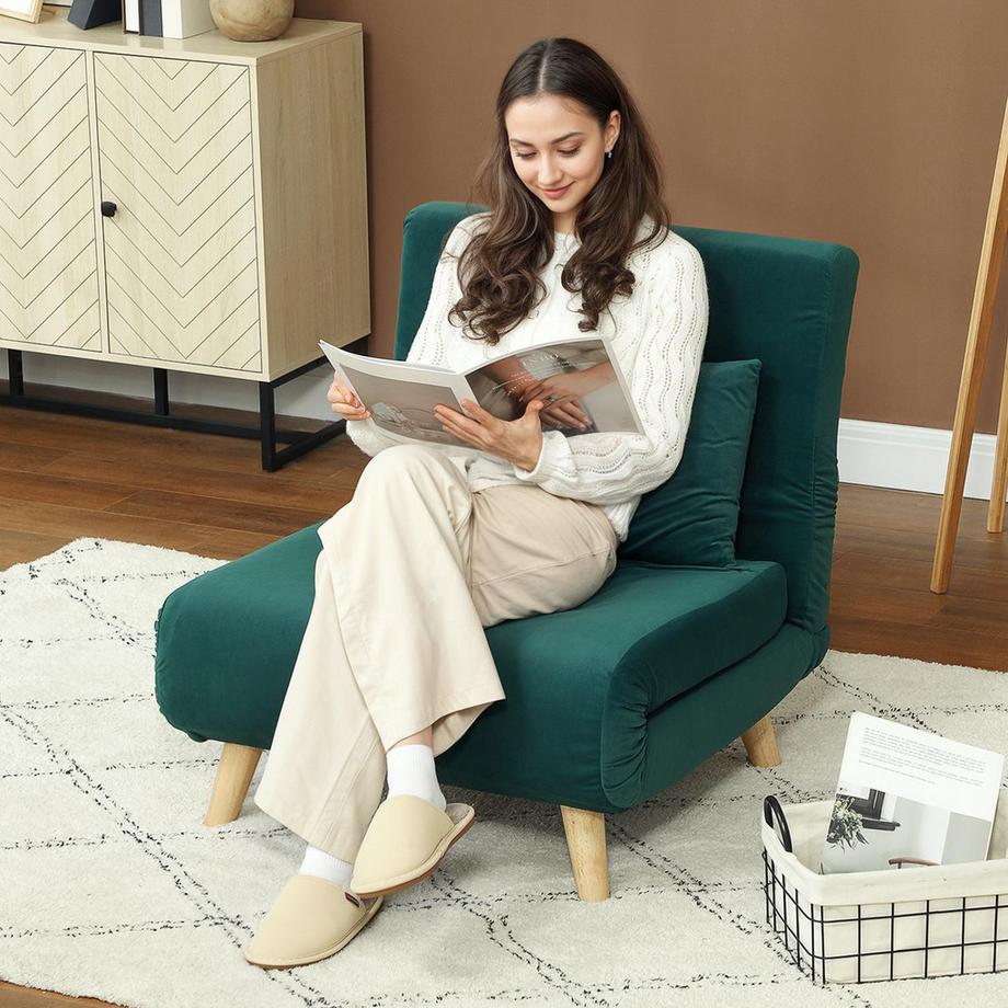 Northio Chaise de couchage, chaise pliante avec fonction lit, coussins décoratifs, chaise relax pliante avec dossier réglable aspect velours, pour le salon, vert foncé |  