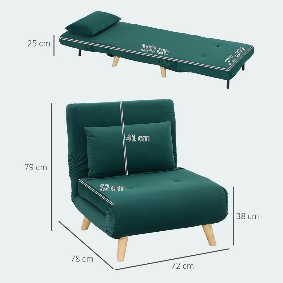 Northio Chaise de couchage, chaise pliante avec fonction lit, coussins décoratifs, chaise relax pliante avec dossier réglable aspect velours, pour le salon, vert foncé |  