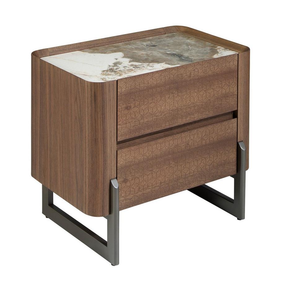 Table de chevet en noyer et acier métallisé foncé avec plateau en marbre de porcelaine