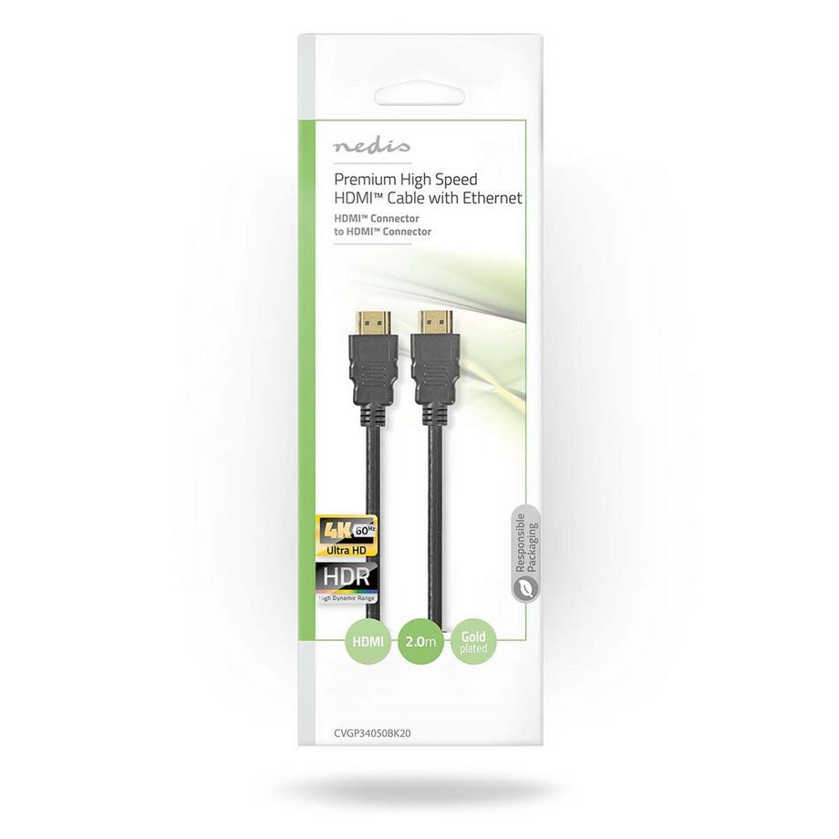 Nedis  Câble HDMI™ haut débit Premium avec Ethernet | Connecteur HDMI™ | Connecteur HDMI™ | 4K@60Hz | 18 Gbps | 2,00 m | Rond | PVC | Noir | Sachet en plastique 