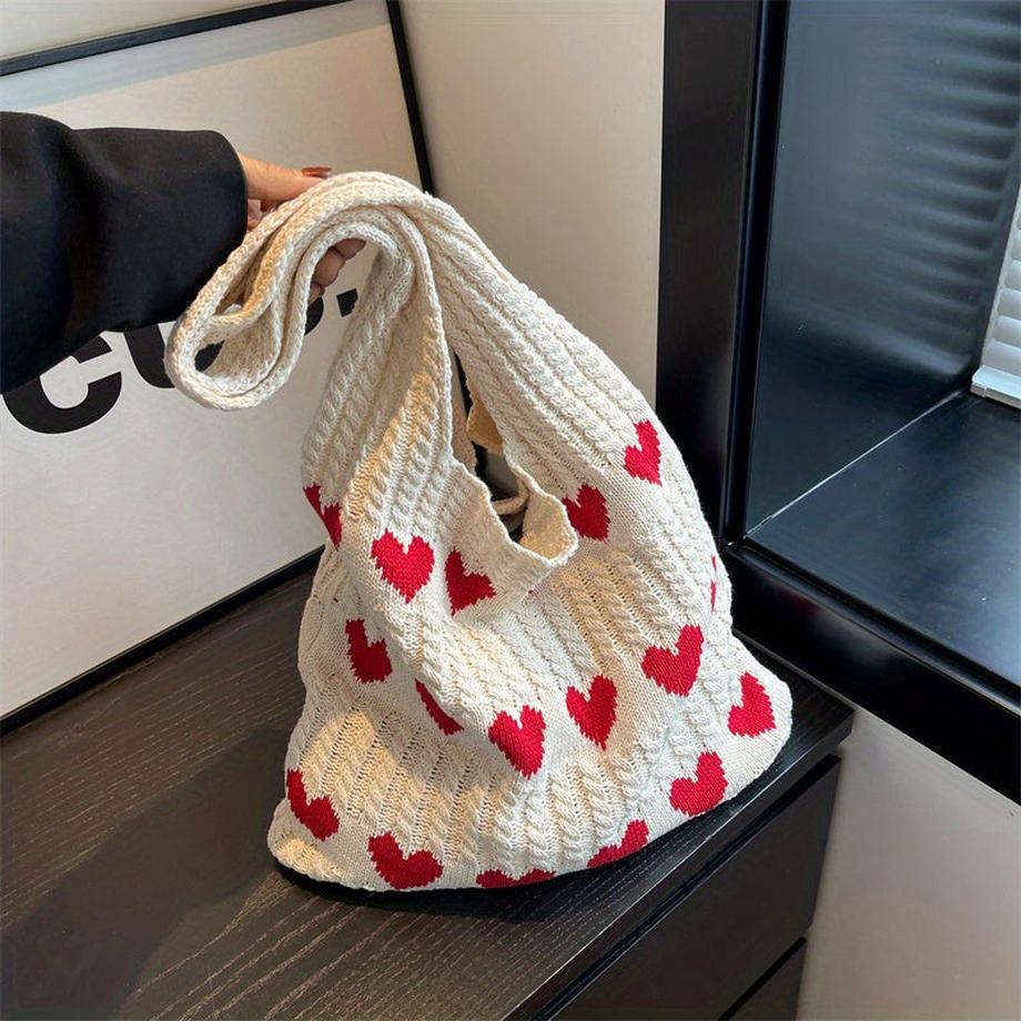 Minimalistische Hobo-Tasche mit Liebesmuster, gestrickte Einkaufstasche, leichte Urlaubstasche