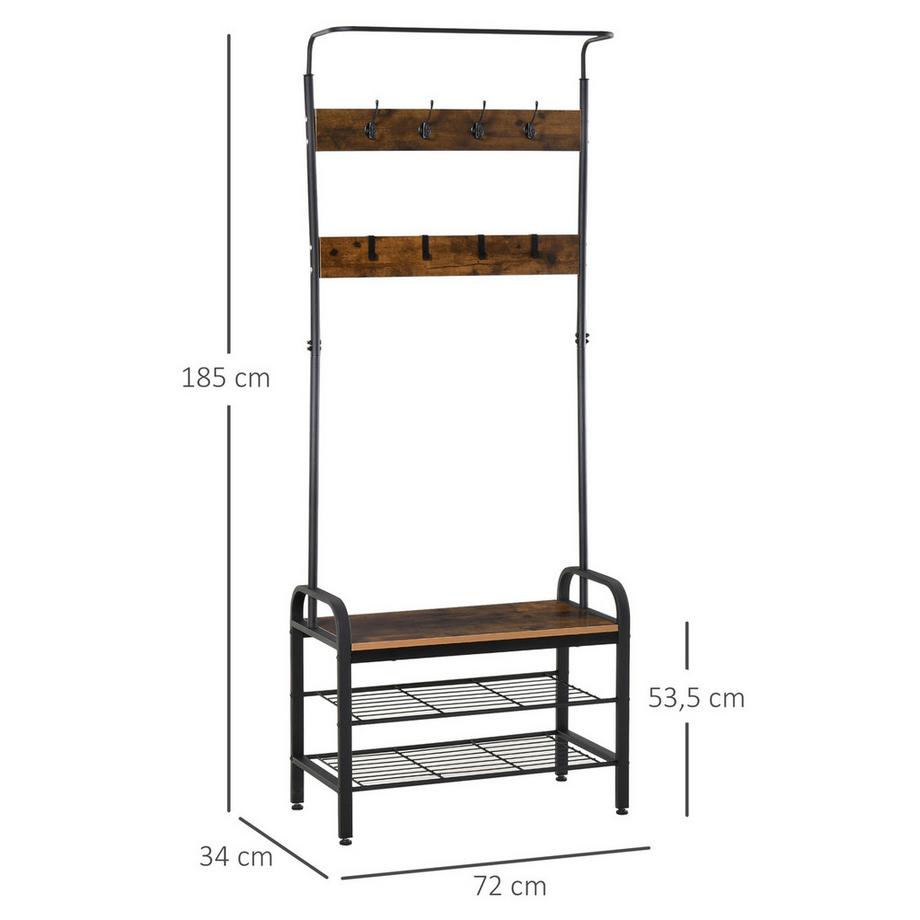 Northio Garderobenständer mit Schuhregal Kleiderständer, 8 Haken, 2 Ablagen, MDF, Schwarz, 72 x 34 x 185 cm  