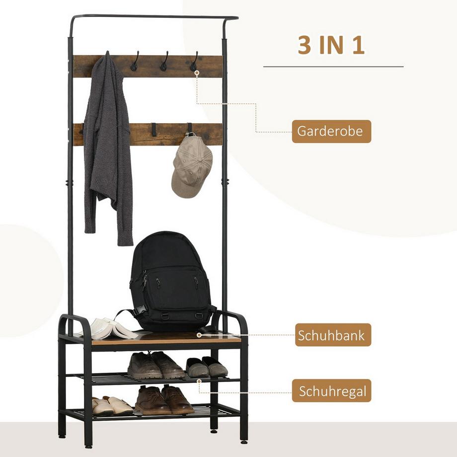 Northio Garderobenständer mit Schuhregal Kleiderständer, 8 Haken, 2 Ablagen, MDF, Schwarz, 72 x 34 x 185 cm  