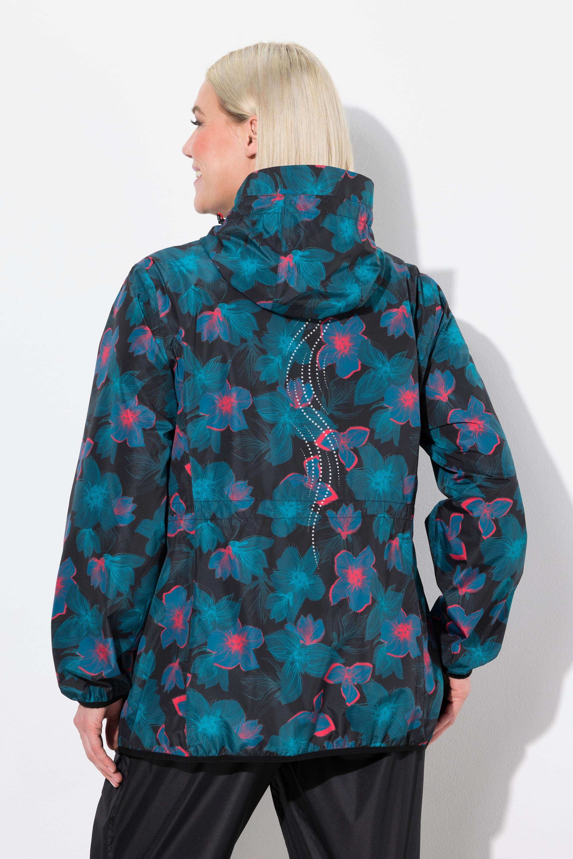 Ulla Popken Giacca Antipioggia Leggera Impermeabile Floreale con Cappuccio e Tasche con Zip  