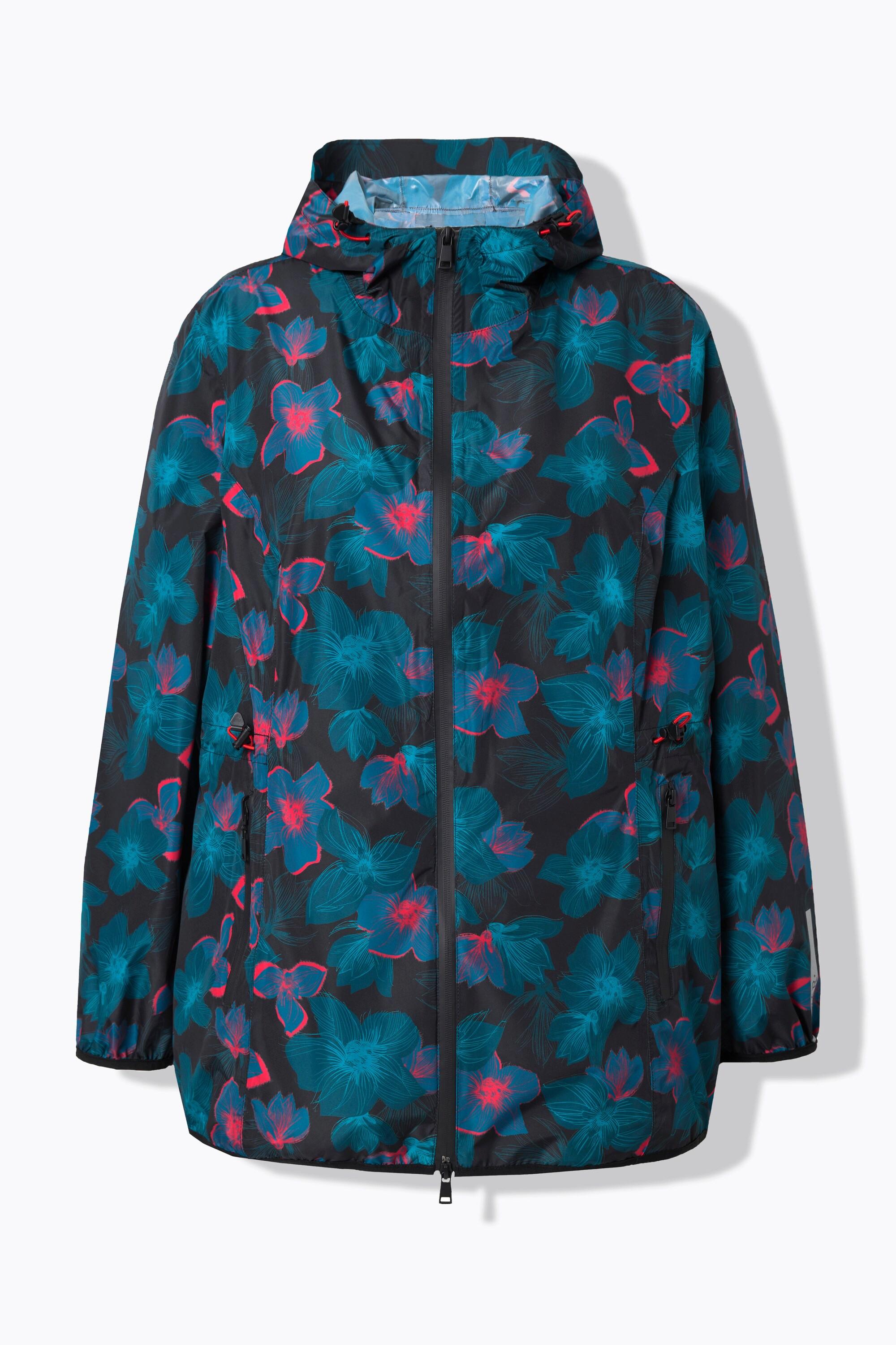 Ulla Popken Giacca Antipioggia Leggera Impermeabile Floreale con Cappuccio e Tasche con Zip  