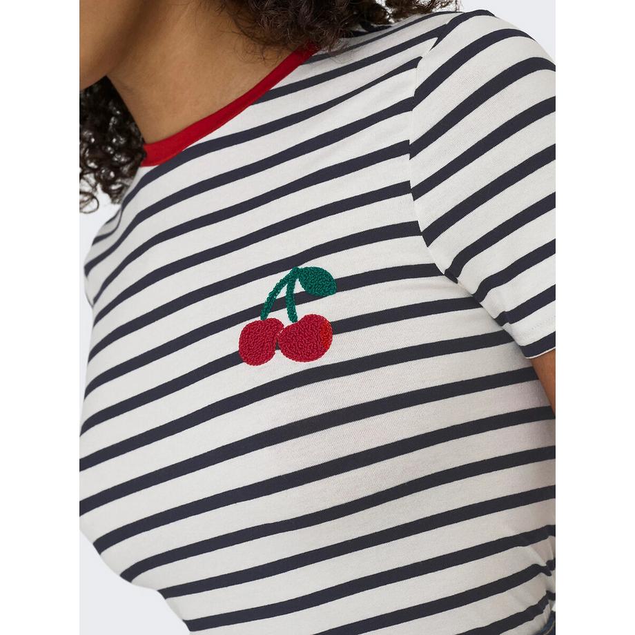 ONLY T-shirt a righe con ricamo ciliegia  