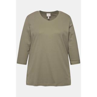 Ulla Popken  Shirt, Rippjersey, V-Ausschnitt, 3/4-Arm, Biobaumwolle 