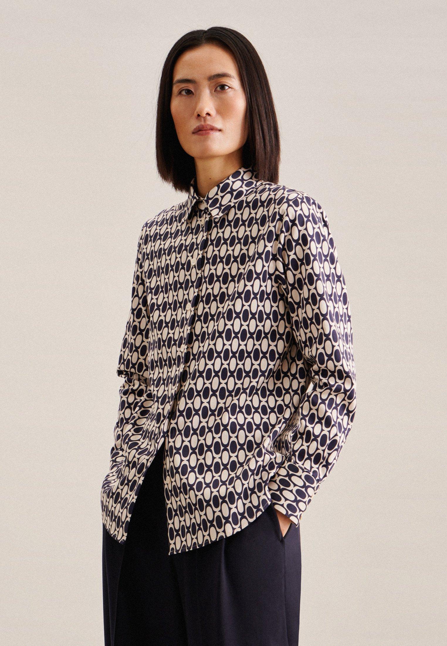 Image of Hemdbluse Geometrische Muster Langarm Kragen Damen Dunkelblau 34