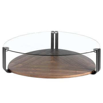 Table basse triangulaire en verre trempé, acier noir et noyer