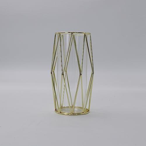 Alopini Vase für Pampasgras, Glas Gold Vase Hohe Bodenvase mit geometrischem Metallrahmen Stand  