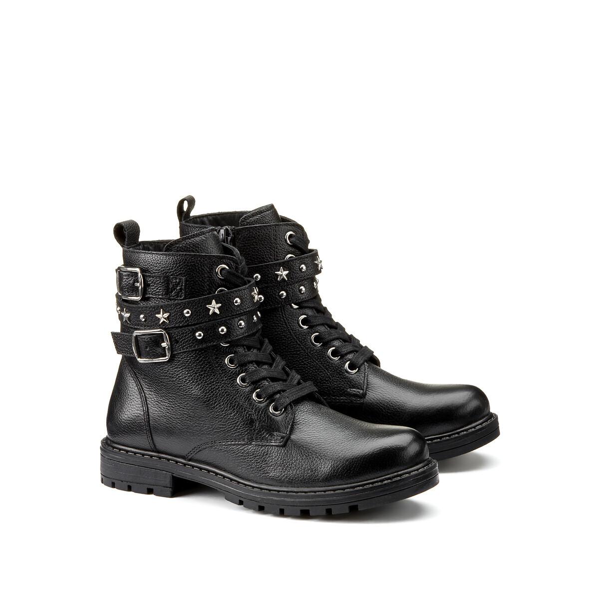 Image of Hohe Lederstiefeletten Mit Schnürung Damen Schwarz 30