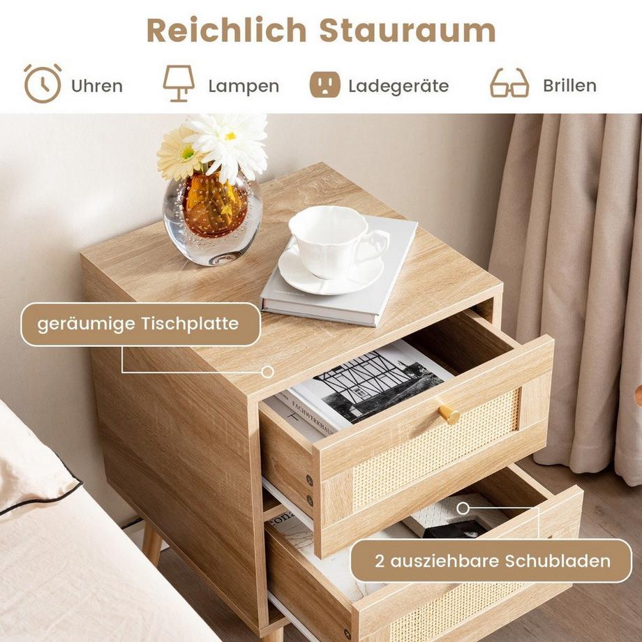 Northix Rattan Nachttisch im Boho-Stil mit 2 Schubladen & Massivholzbeinen Moderner Nachtschrank  