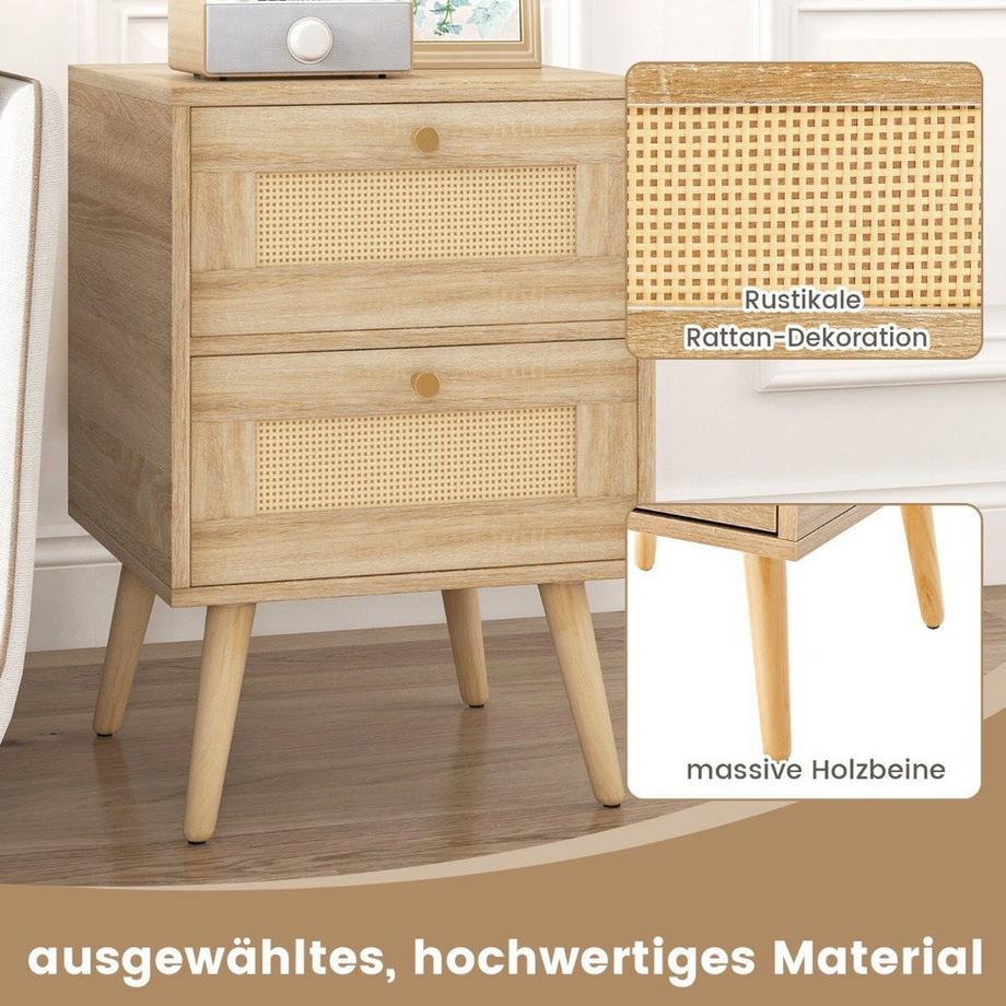 Northix Rattan Nachttisch im Boho-Stil mit 2 Schubladen & Massivholzbeinen Moderner Nachtschrank  