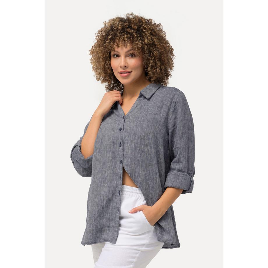 Ulla Popken Blusa in lino a maniche lunghe con colletto aperto  