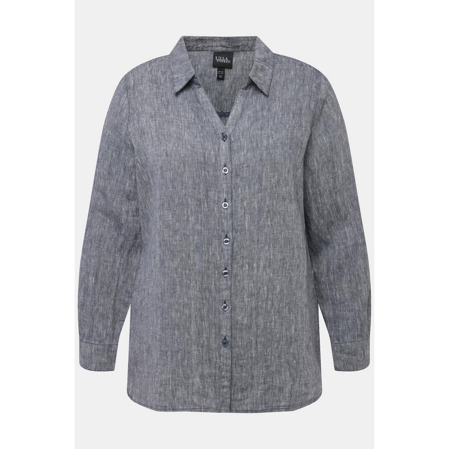 Ulla Popken Blusa in lino a maniche lunghe con colletto aperto  