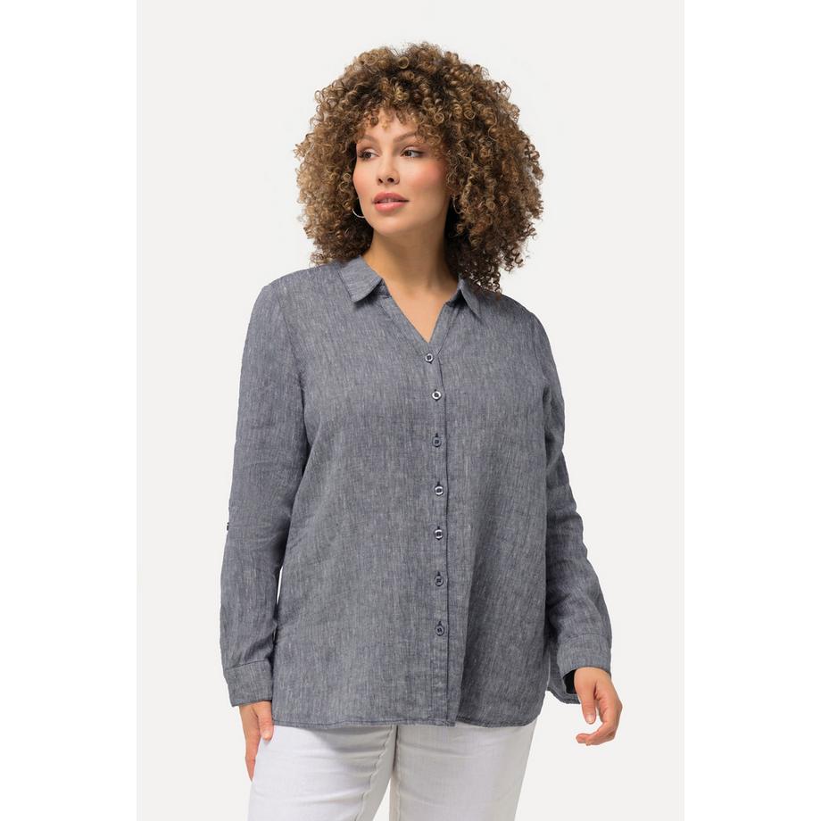 Ulla Popken Blusa in lino a maniche lunghe con colletto aperto  