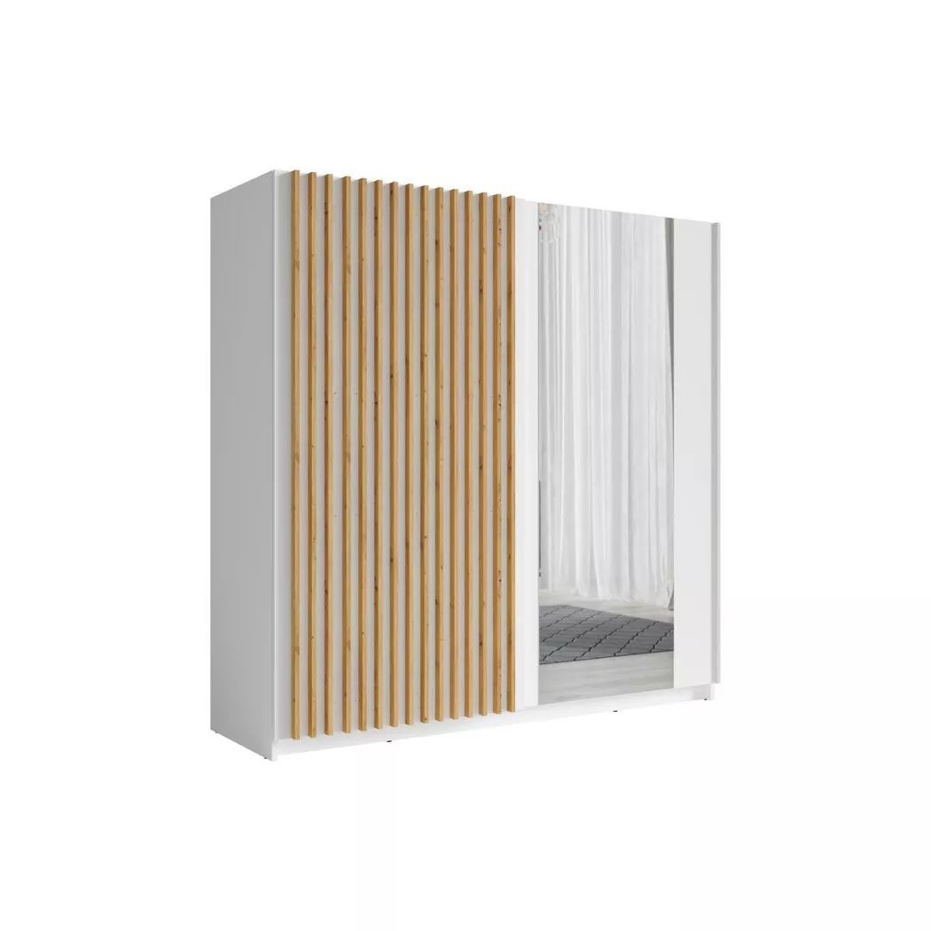 Vente-unique - Armoire 2 portes coulissantes - Avec miroir - L200 cm - Blanc et naturel - tindania