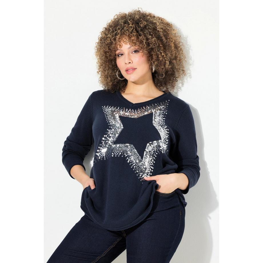 Ulla Popken Pull Étoile Pailletée Col V Manches Longues  