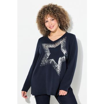 Maglione con stella di paillettes, scollo a V e maniche lunghe