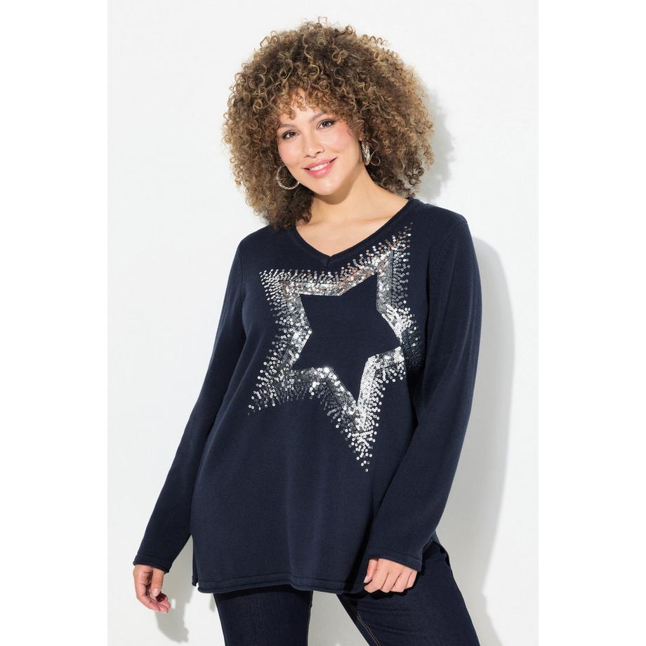 Ulla Popken Pull Étoile Pailletée Col V Manches Longues  