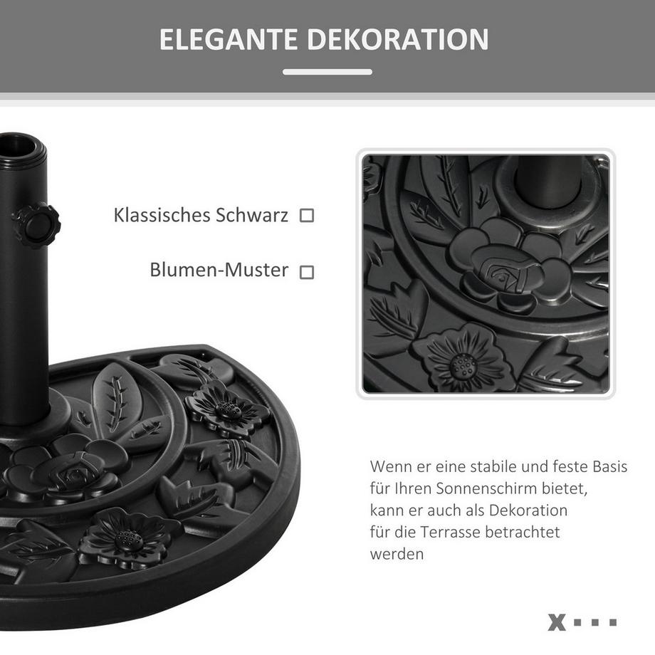 Northio Sonnenschirmständer 9Kg Gartenschirmfuß Mit Blumendesign Für Ø35/38/48Mm Schirmmasten, Hdpe, Halbrunde Schirme, Schwarz  