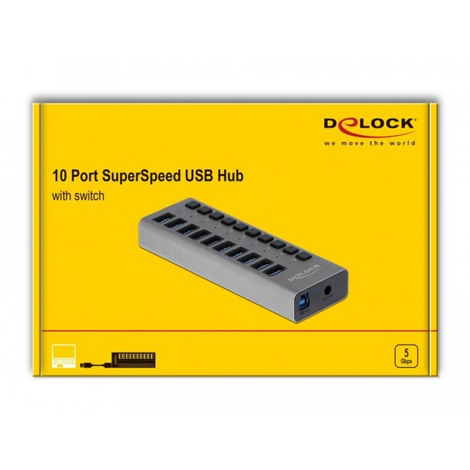DeLock  Hub 5 Gbps USB esterno con 10 porte + Switch 