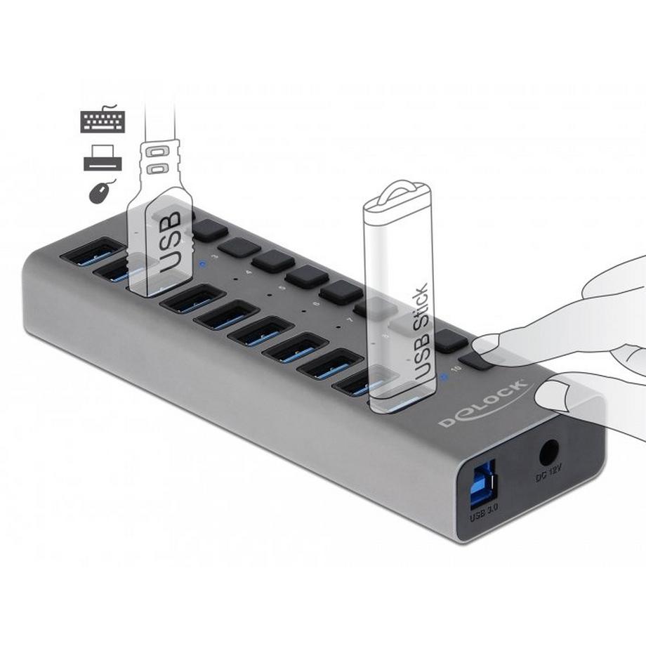 DeLock  Hub 5 Gbps USB esterno con 10 porte + Switch 