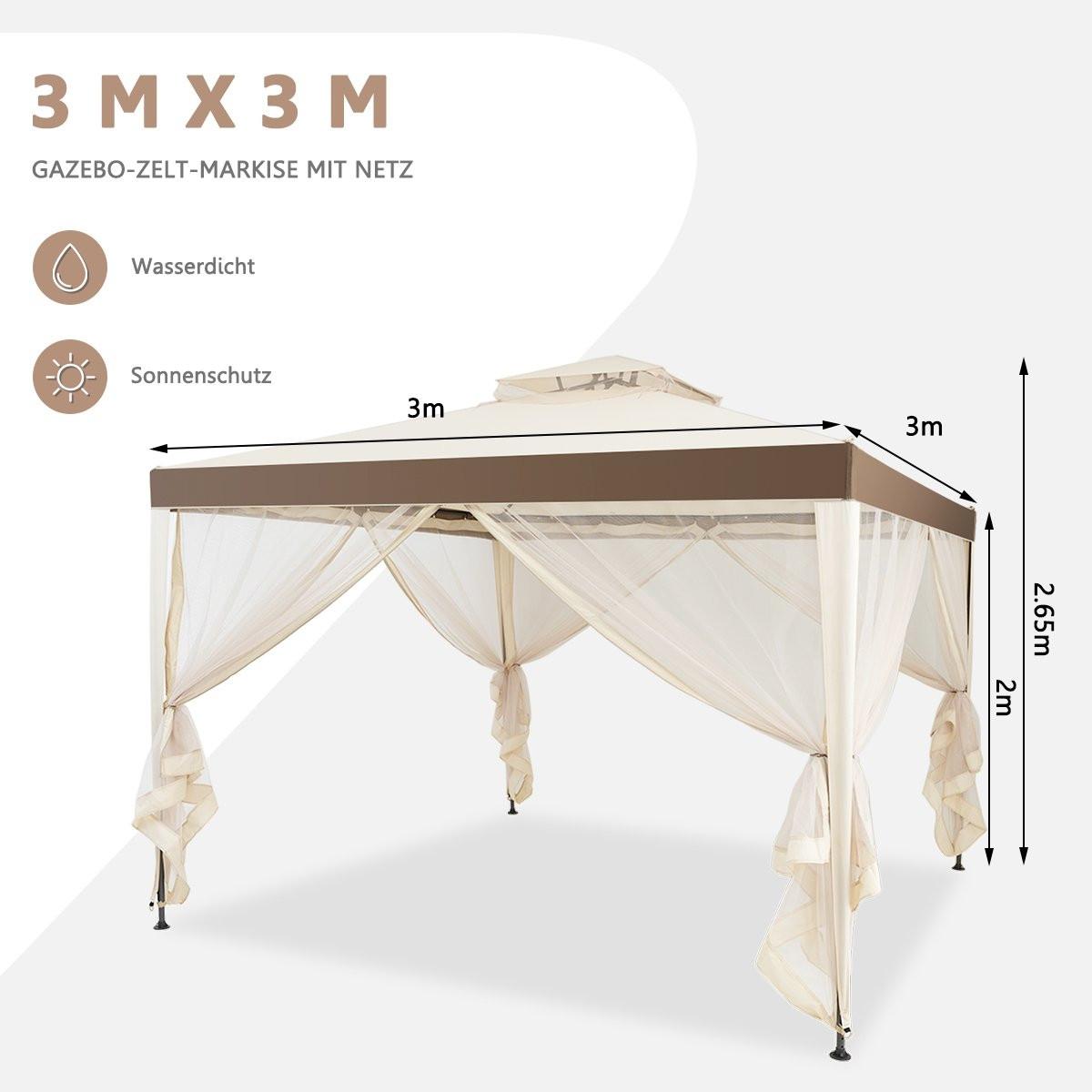 Northix Gartenpavillon Gartenzelt Camping Partyzelt mit 4 Seitenwänden 300 x 300 x 265 cm Beige  