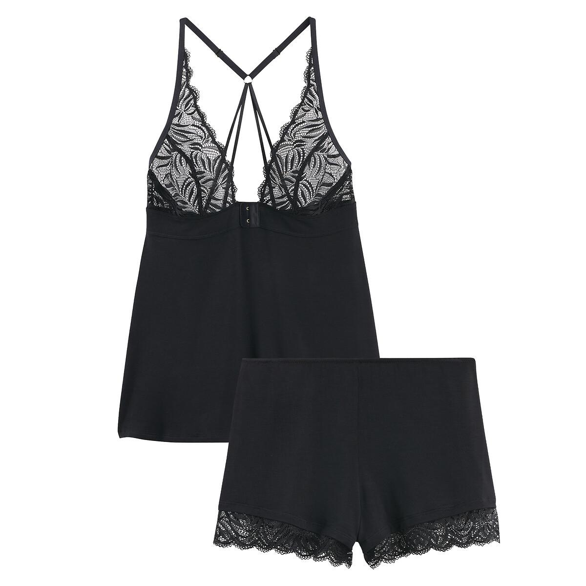Image of Kurzpyjama Mit Spitze Damen Schwarz 34
