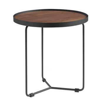 Table d'angle ronde en noyer et acier noir