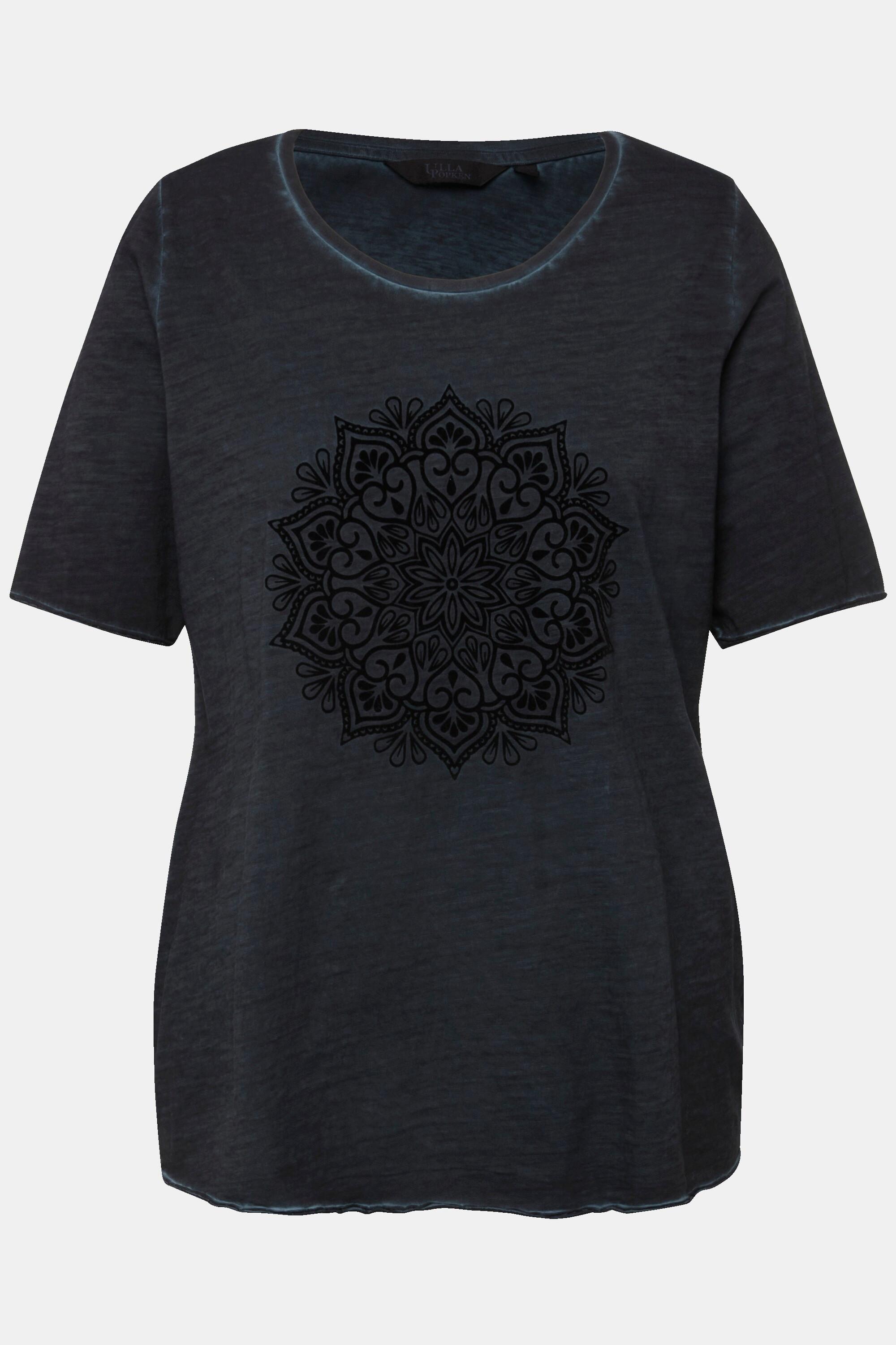 Ulla Popken  T-shirt classica con stampa floccata con mandala, scollo a girocollo e mezze maniche 