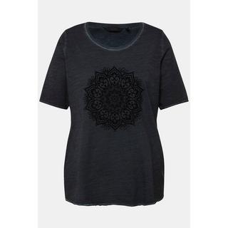 Ulla Popken  T-shirt classica con stampa floccata con mandala, scollo a girocollo e mezze maniche 