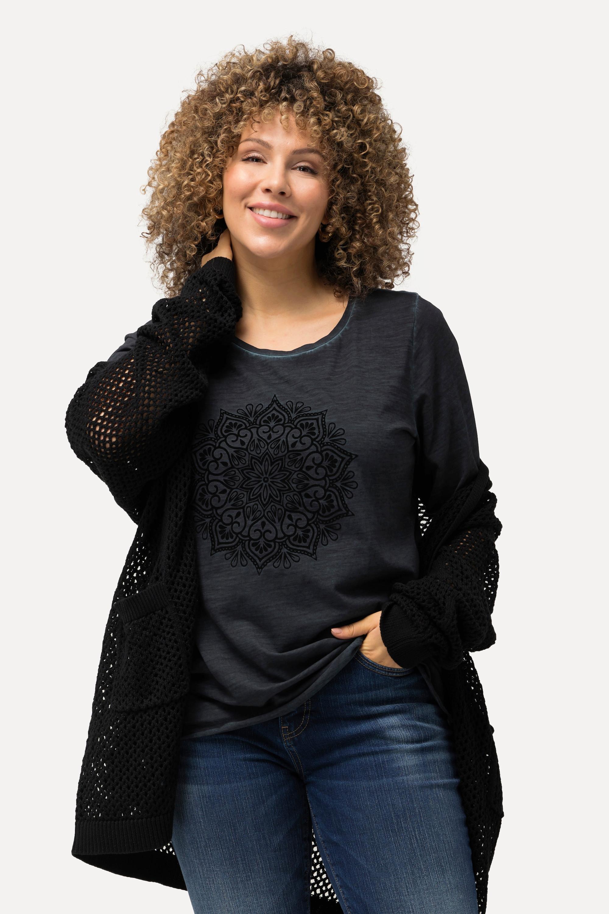 Ulla Popken  T-Shirt, Mandala-Flockdruck, Classic, Rundhals, Halbarm 