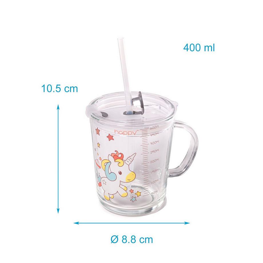 Intirilife Intirilife Verre à boire pour enfants transparent avec couvercle, échelle et paille avec design licorne  