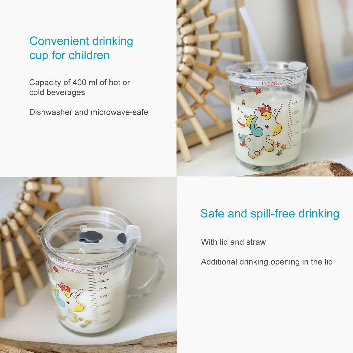 Intirilife Intirilife Verre à boire pour enfants transparent avec couvercle, échelle et paille avec design licorne  