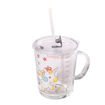 Intirilife Verre à boire pour enfants transparent avec couvercle, échelle et paille avec design licorne